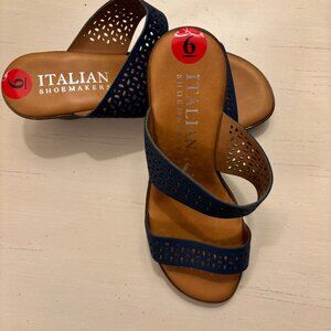 Italian Shoemakers Sandals Womens Blue Size 6 Slide Shoe Perforated Wedge Heel